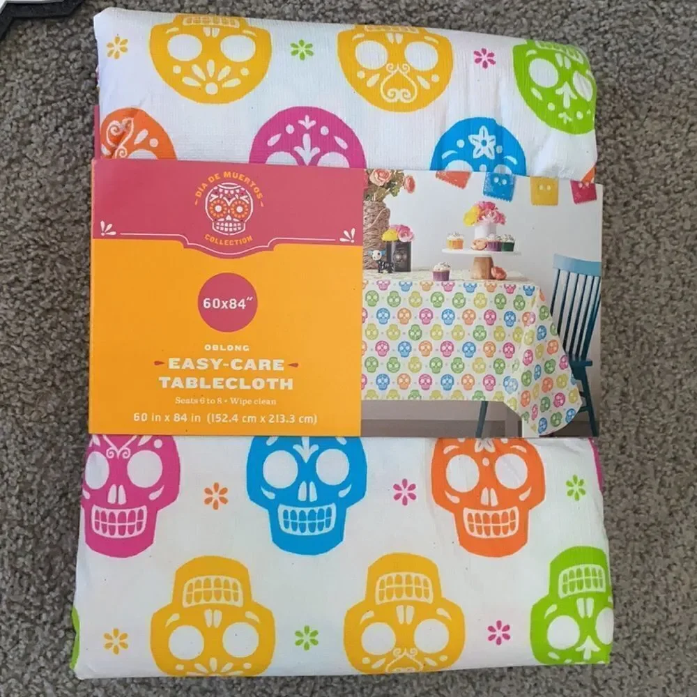 Halloween Decor Bundle - Sugar Skull Wall Hangers & Matching Table Cloth all NEW